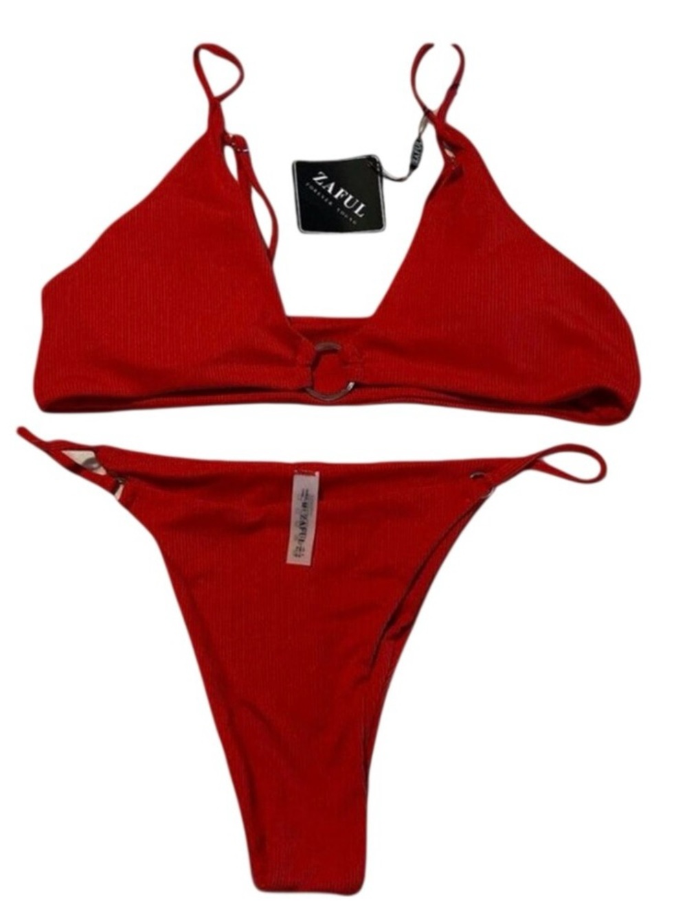 ZAFUL Women 2 Piece Swimsuit Size M Red Ribbed O Ring High Cut Cheeky Bikini NWT